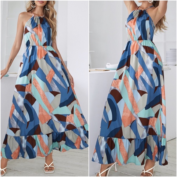 Boho Multicolor Ruffle Hem Halter Maxi Dress Blue - Picture 4 of 4